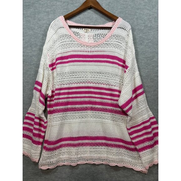 POL Womens Striped Sweater Pink White Sz M Open Knit Beachy - Picture 1 of 6